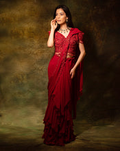Load image into Gallery viewer, The Maroon Floral Ruffle Sari