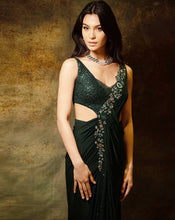 Load image into Gallery viewer, The Shimmering Green Embroidered Cross Sari