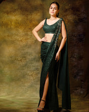 Load image into Gallery viewer, The Shimmering Green Slit Sari