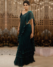 Load image into Gallery viewer, The Shimmering green ruffle sari