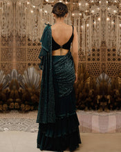 Load image into Gallery viewer, The Shimmering green ruffle sari