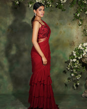 Load image into Gallery viewer, The Floral Maroon Ruffle Sari
