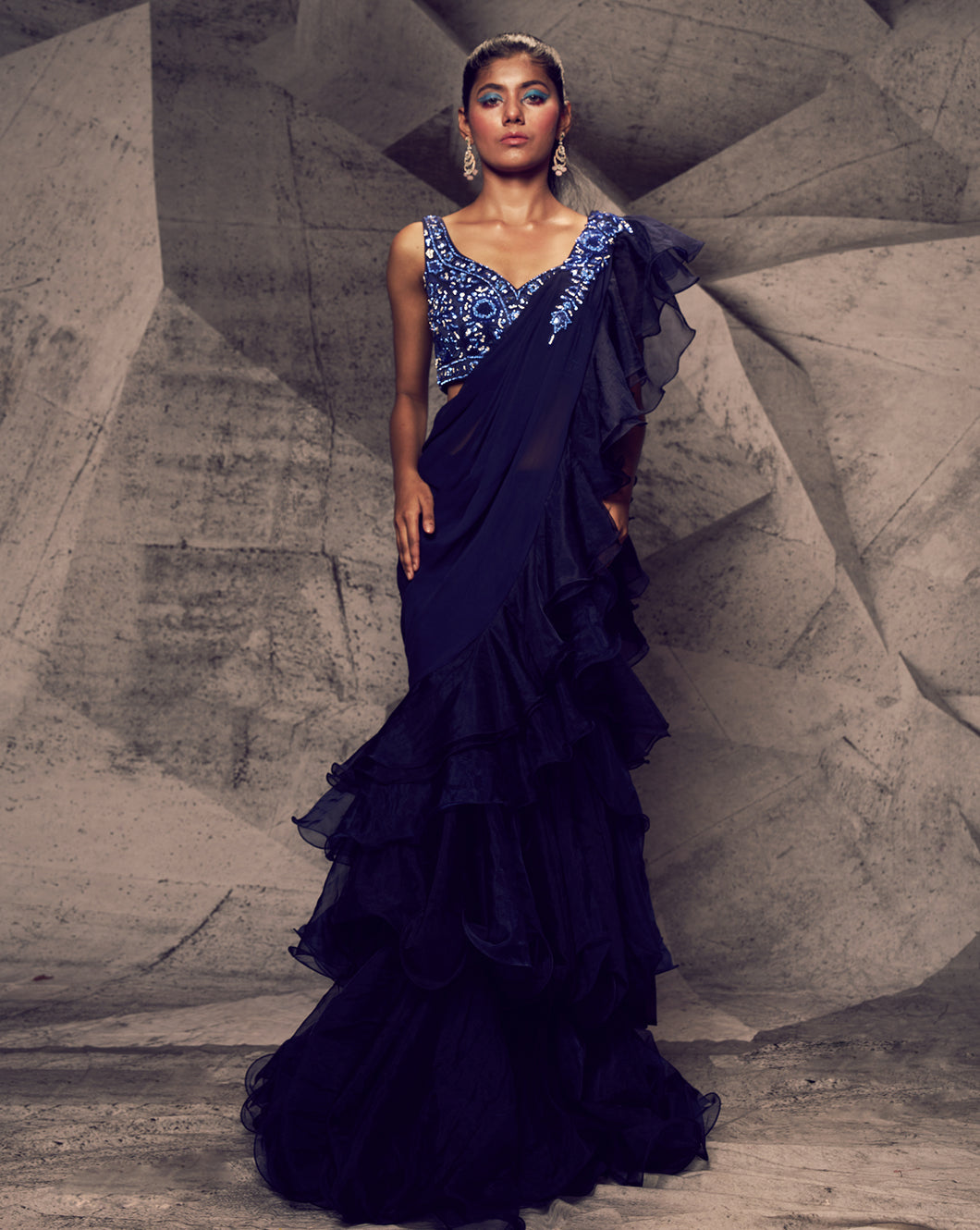 The Shimmering Blue Ruffle Sari