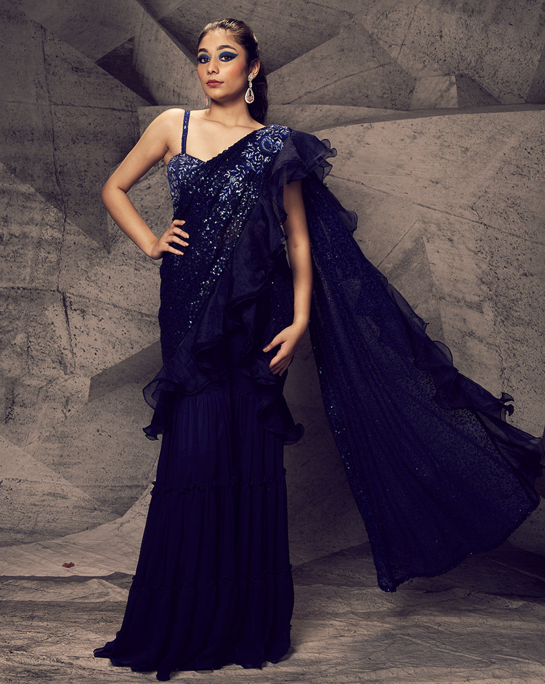 The Shimmering Blue Sharara Sari