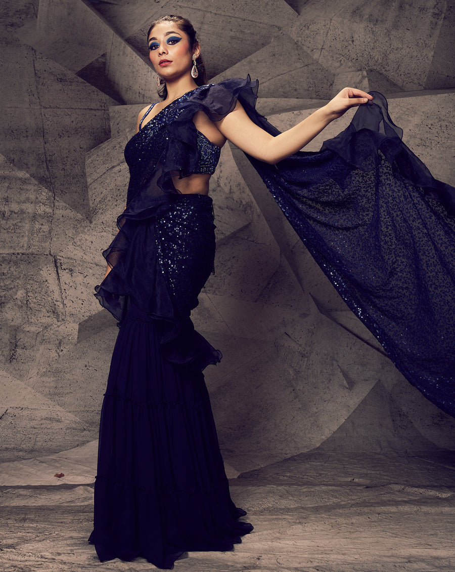 The Shimmering Blue Sharara Sari
