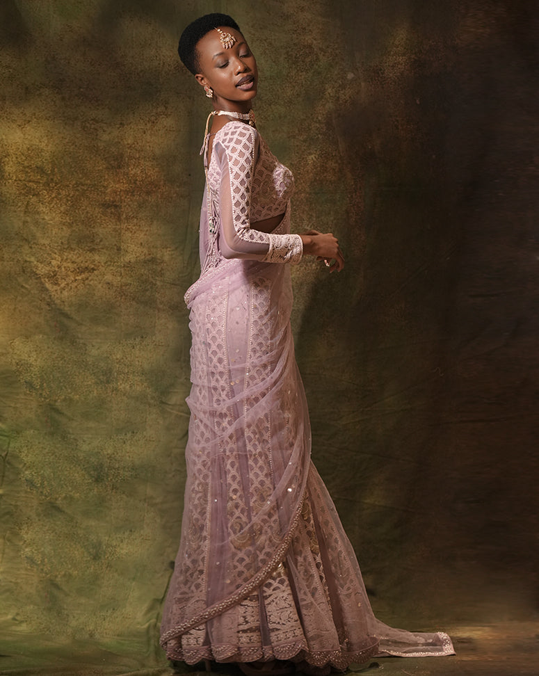 The Lilac Lucknowi Sari