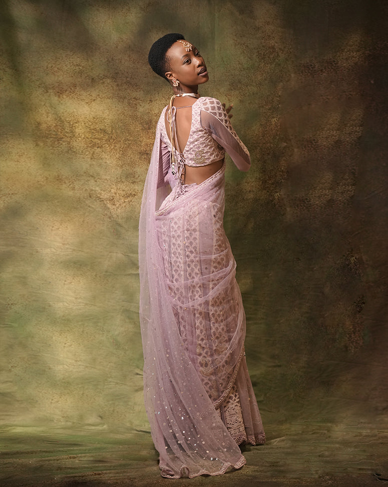 The Lilac Lucknowi Sari