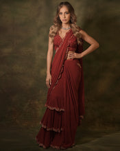 Load image into Gallery viewer, The Maroon Ruffle Sari
