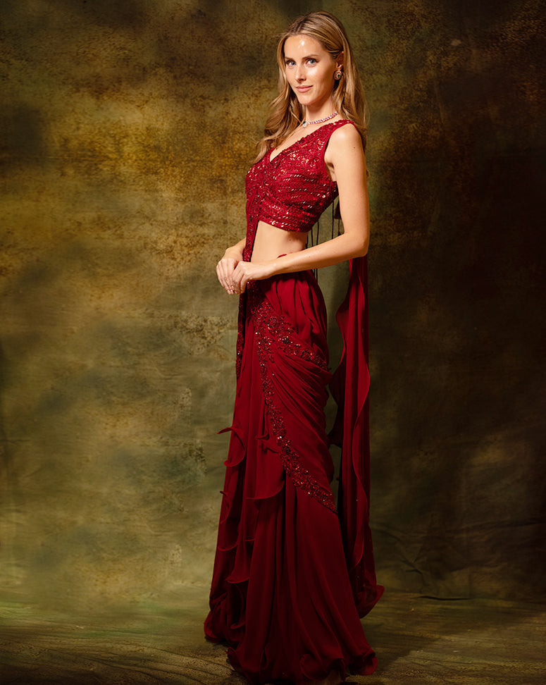 The Maroon Sequins Skirt Sari