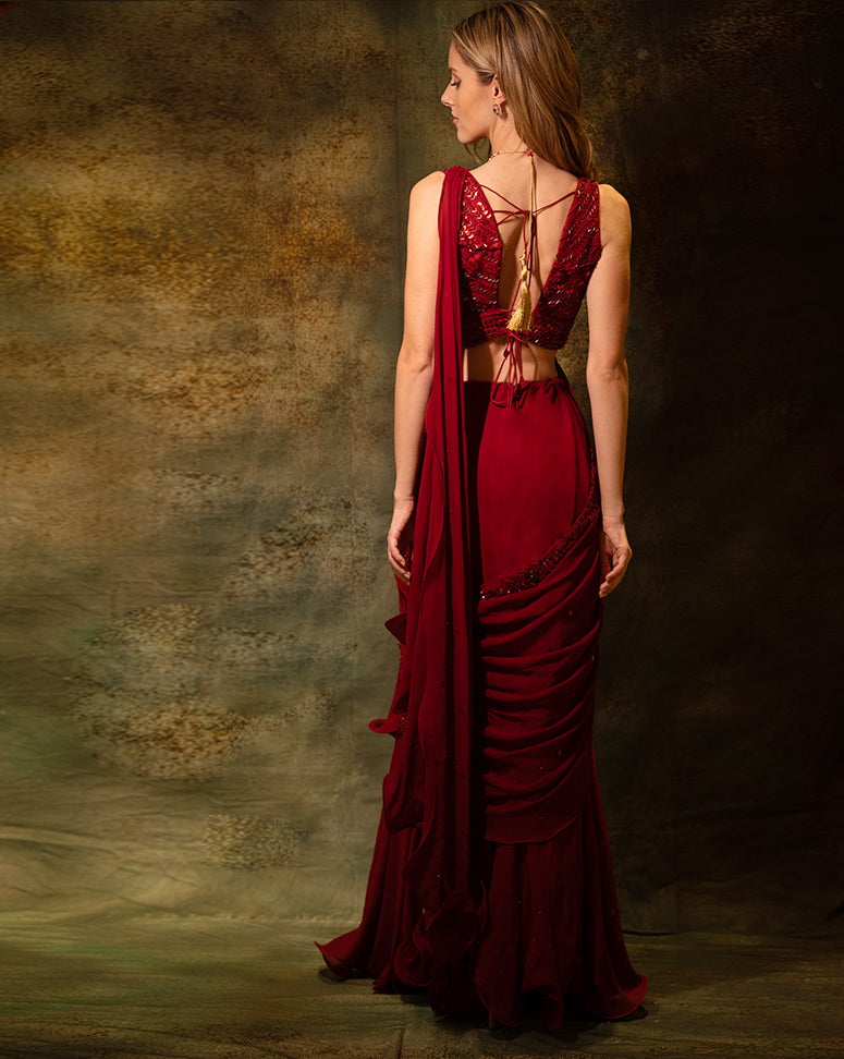 The Maroon Sequins Skirt Sari