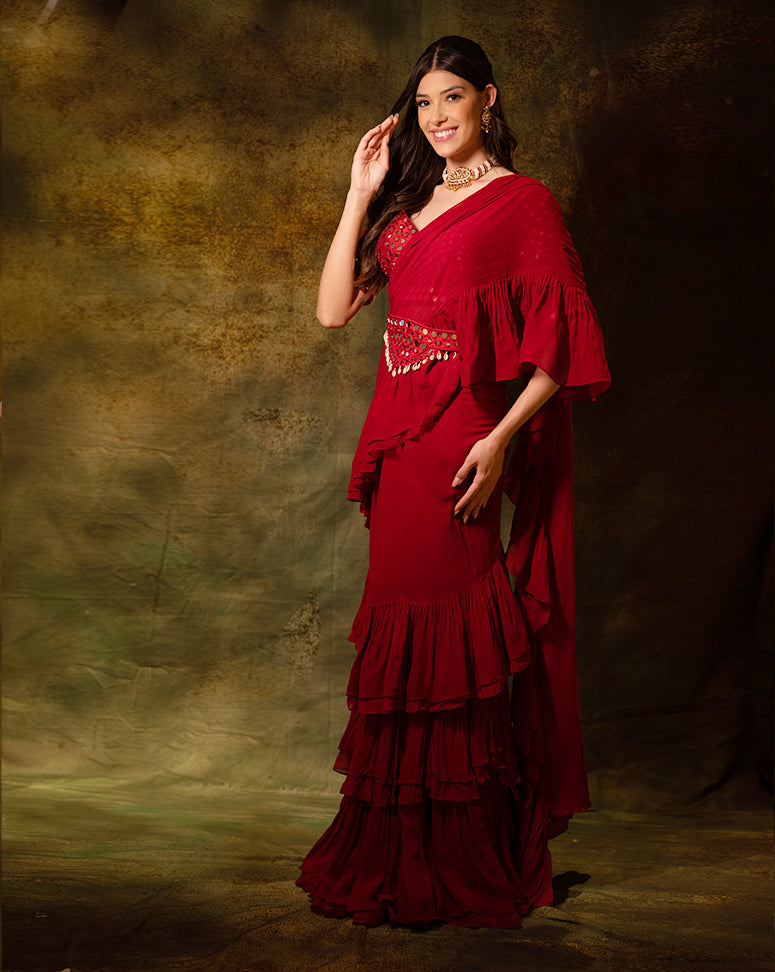 The Maroon Mirror Ruffle Sari