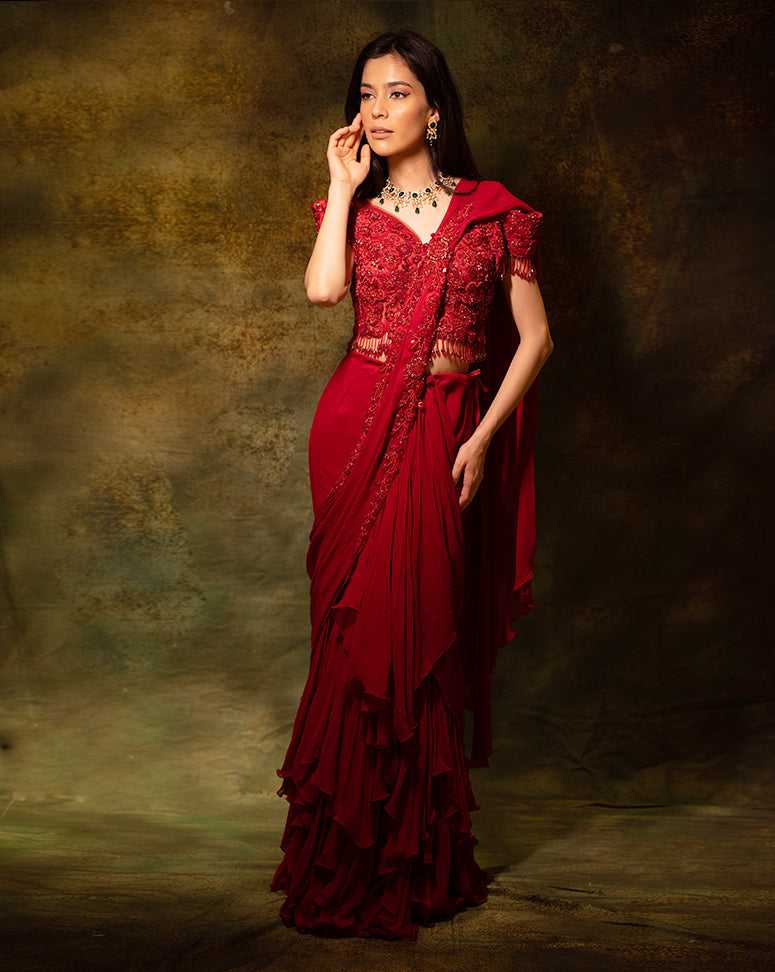 The Maroon Floral Ruffle Sari