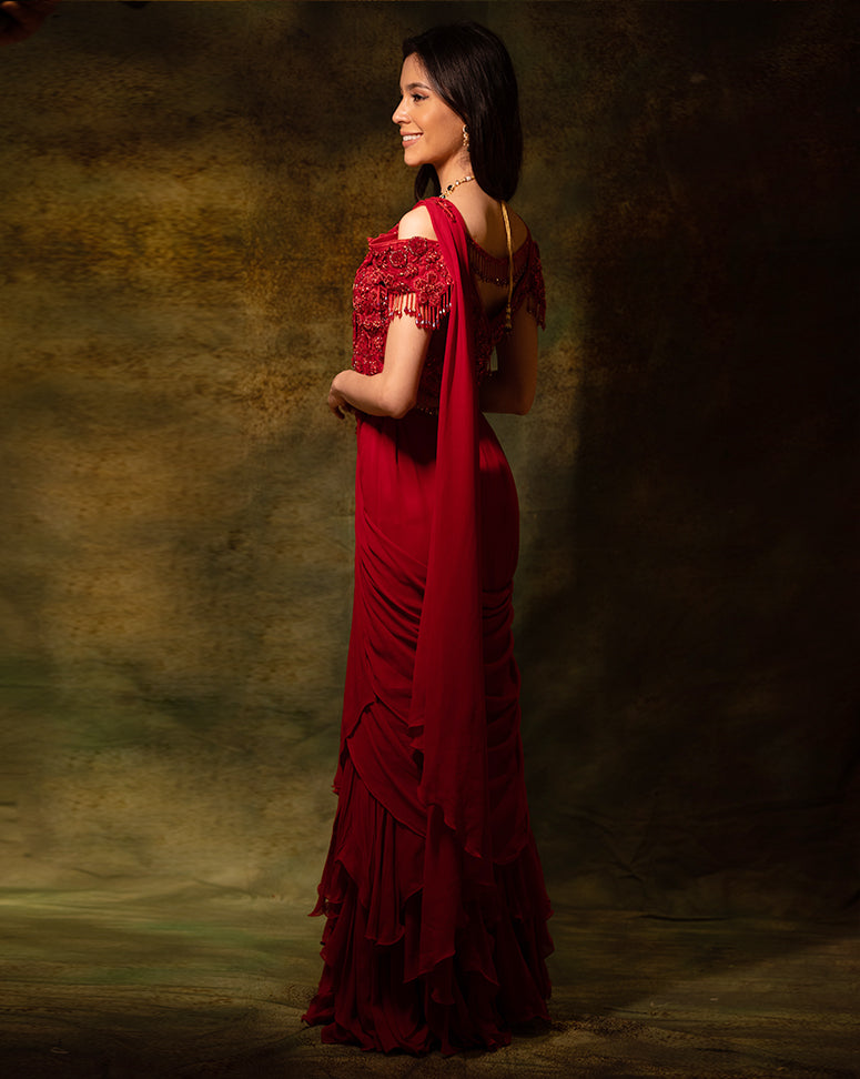 The Maroon Floral Ruffle Sari