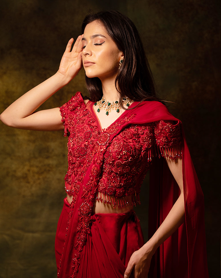 The Maroon Floral Ruffle Sari