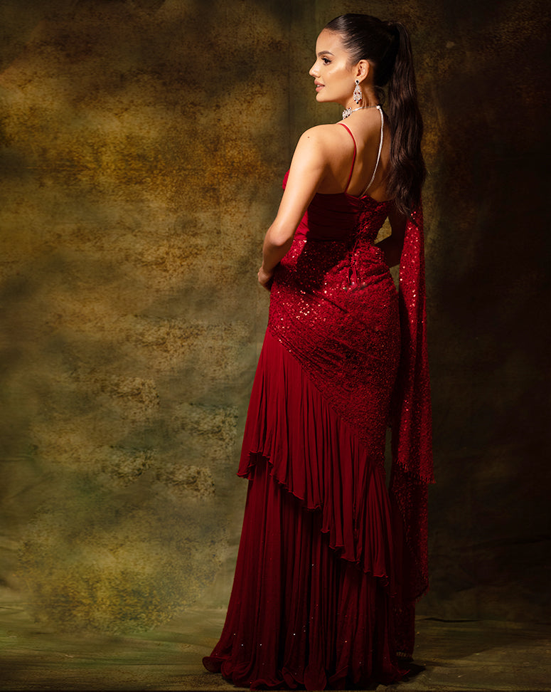The Red Sequins Gown Sari