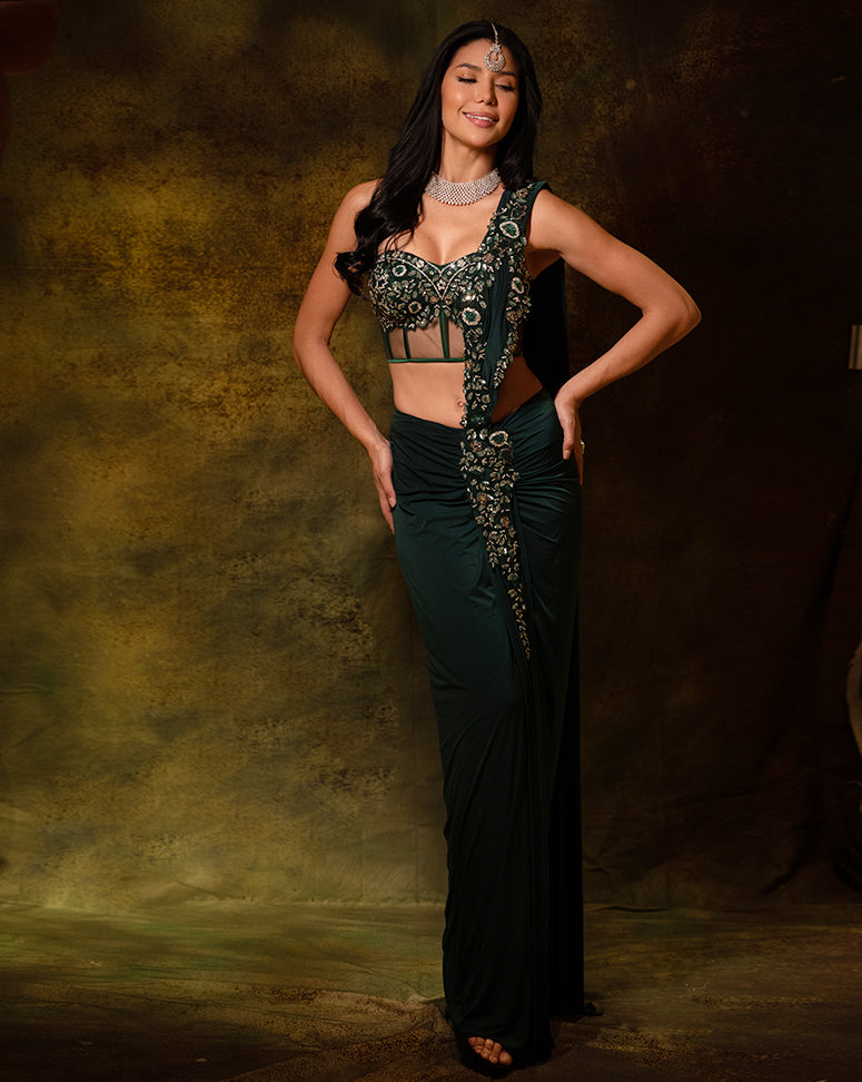 The Shimmering Green Corset Sari