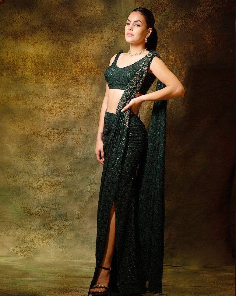 The Shimmering Green Slit Sari