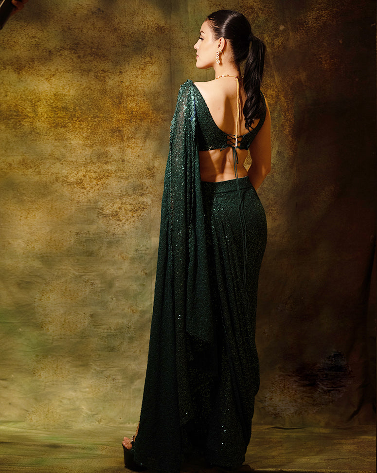 The Shimmering Green Slit Sari