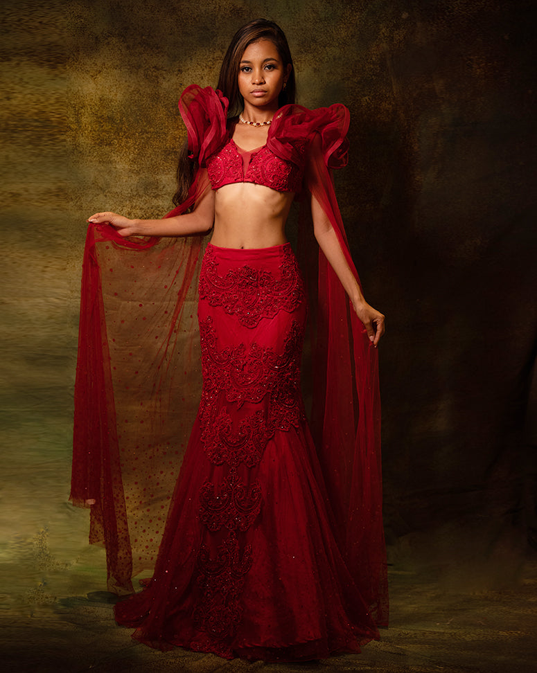 The Contemporary Red Ruffle Lehenga