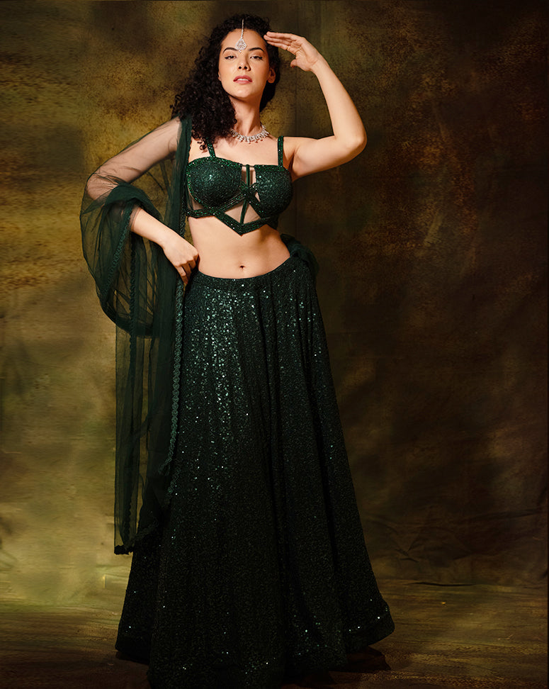 The Shimmering Green Corset Lehenga