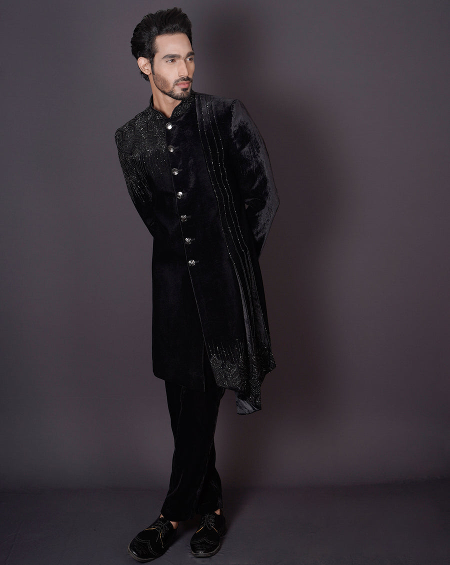 MOF Asymmetrical Black Sherwani