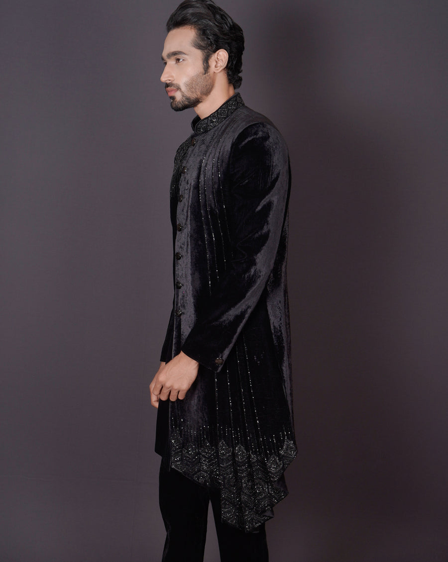 MOF Asymmetrical Black Sherwani