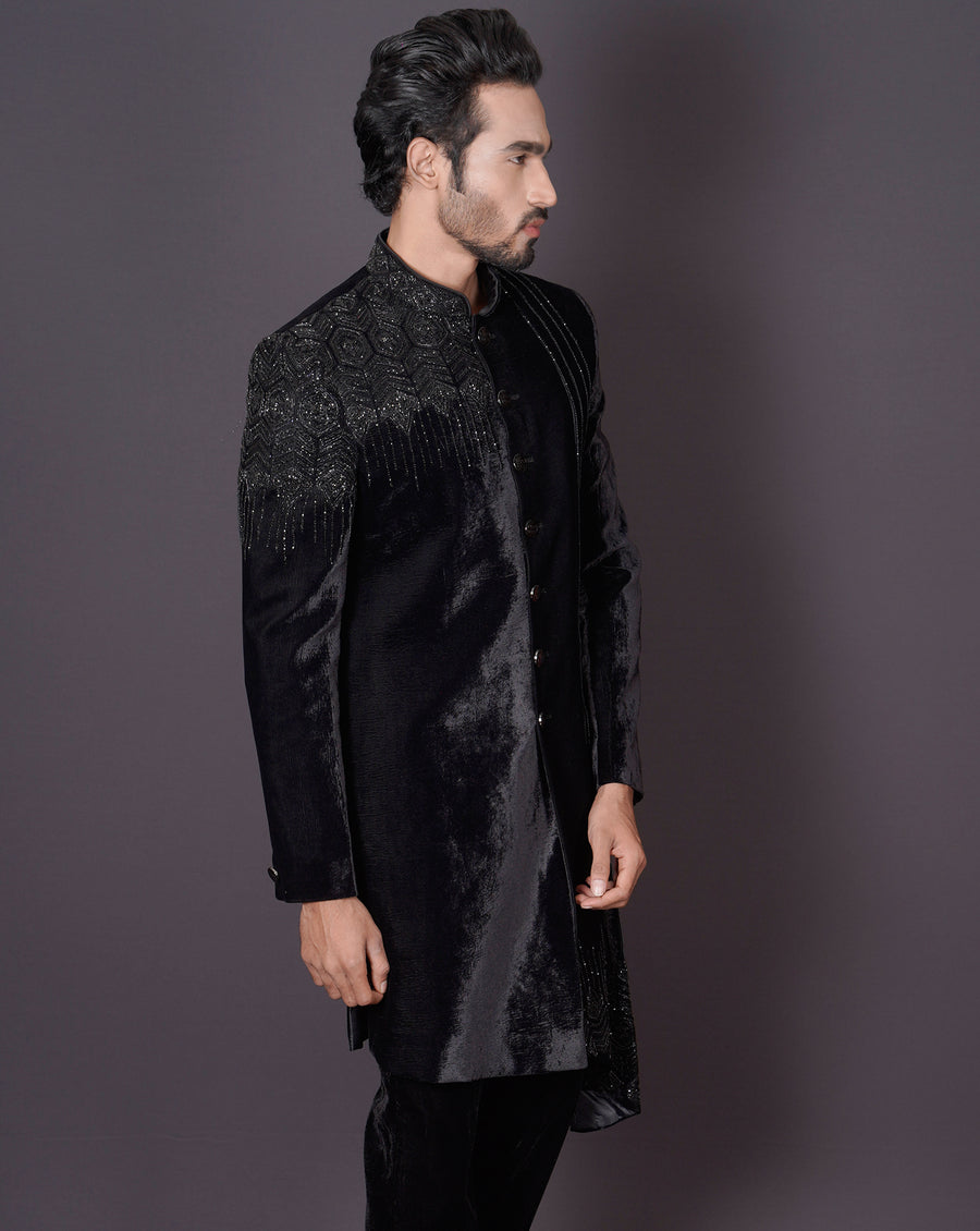 MOF Asymmetrical Black Sherwani