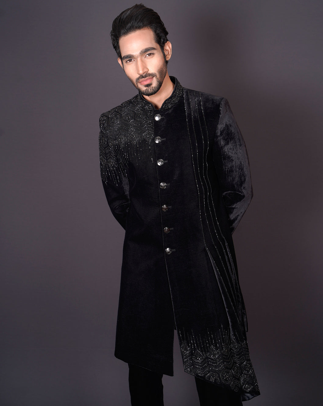 MOF Asymmetrical Black Sherwani