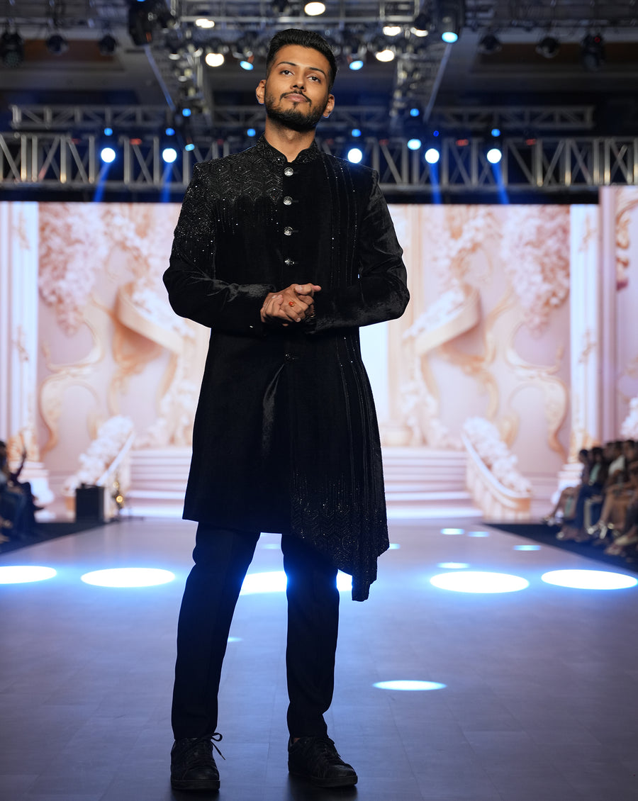 MOF Asymmetrical Black Sherwani