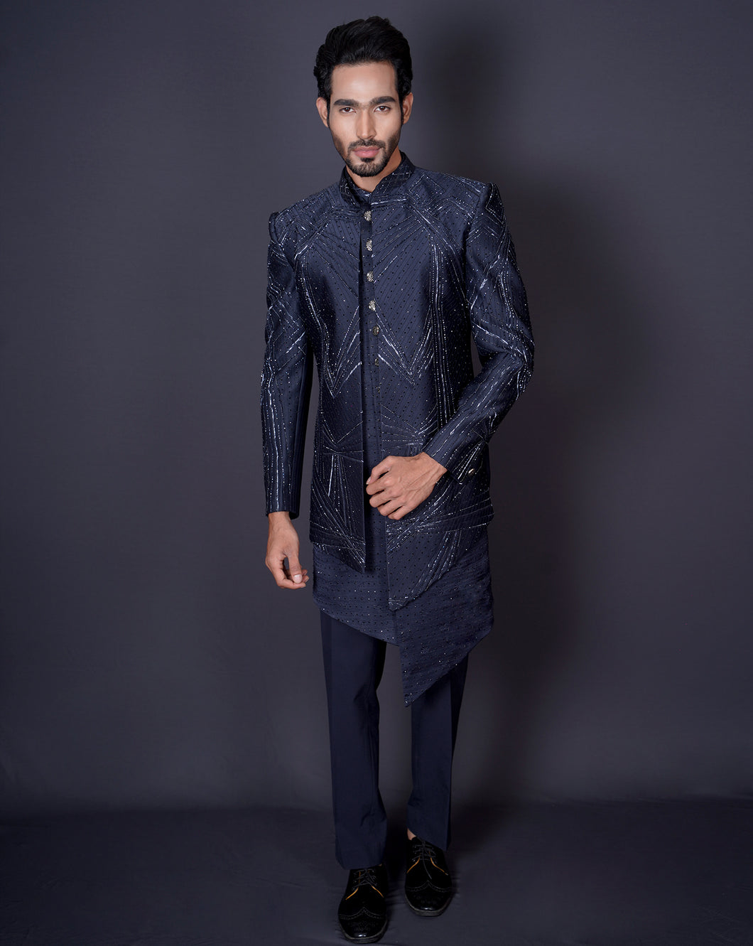 MOF Embroidered Blue Sherwani