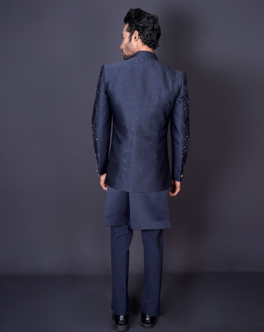 MOF Embroidered Blue Sherwani