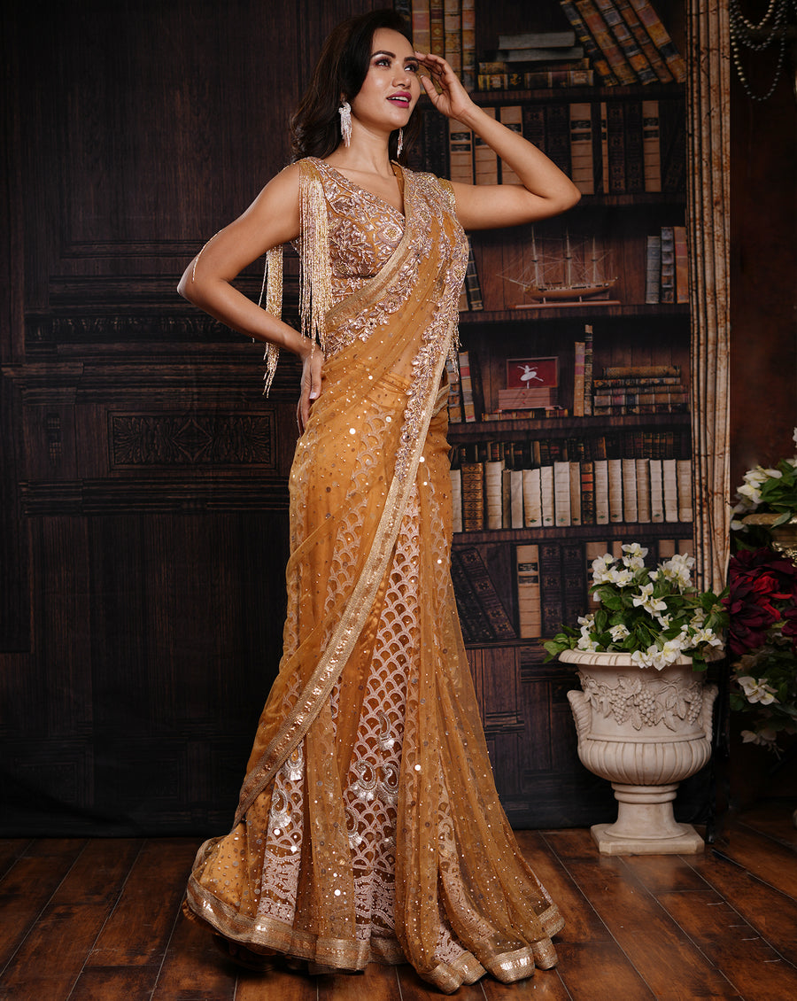 The Tassel Gold Lucknowi Sari
