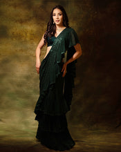 Load image into Gallery viewer, The Shimmering green ruffle sari
