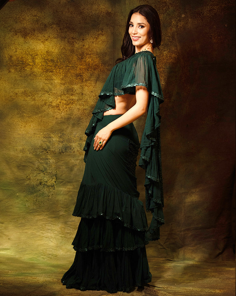 The Shimmering green ruffle sari