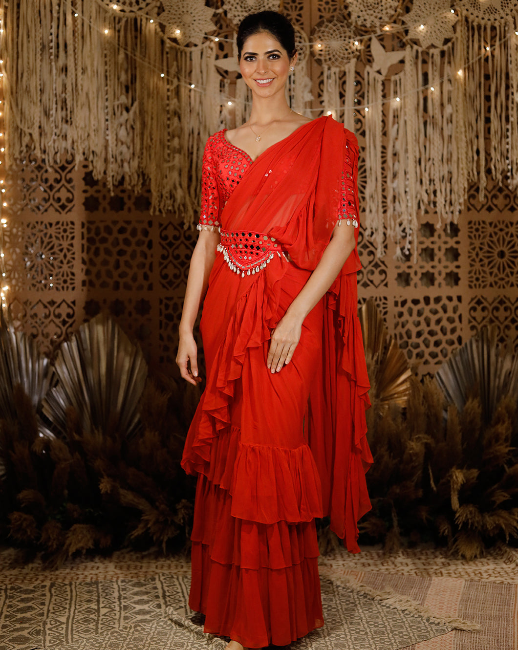 The red mirror ruffle sari