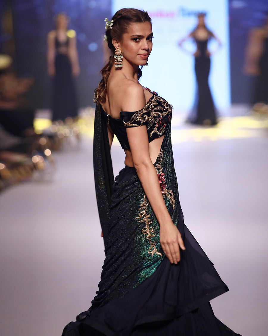 Midnight Blue Grecian Sari-Lehenga - Archana Kochhar India