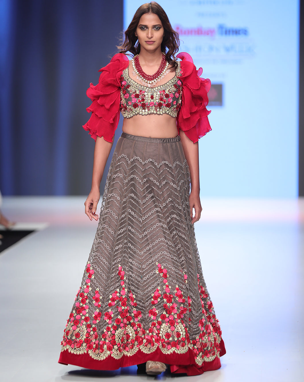 Red and Grey Chevron Lehenga - Archana Kochhar India