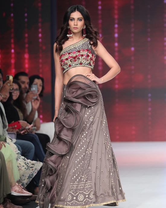 Grey Asymmetrical Lehenga - Archana Kochhar India