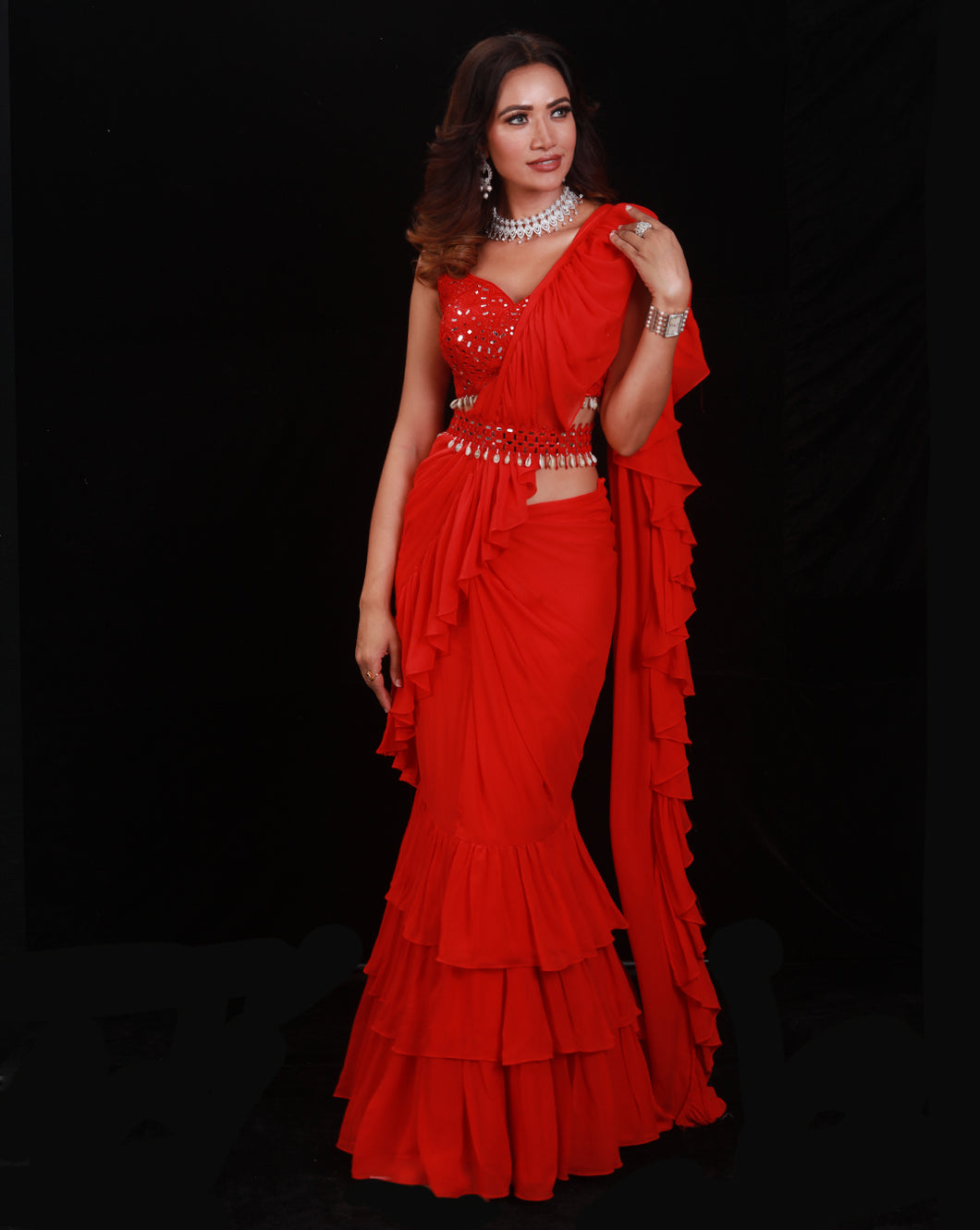 The Shimmering Rouge Ruffle Sari