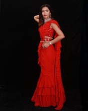 Load image into Gallery viewer, The Shimmering Rouge Ruffle Sari
