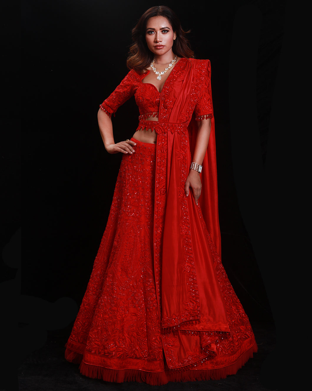 The Shimmering Rouge Embroidered Lehenga