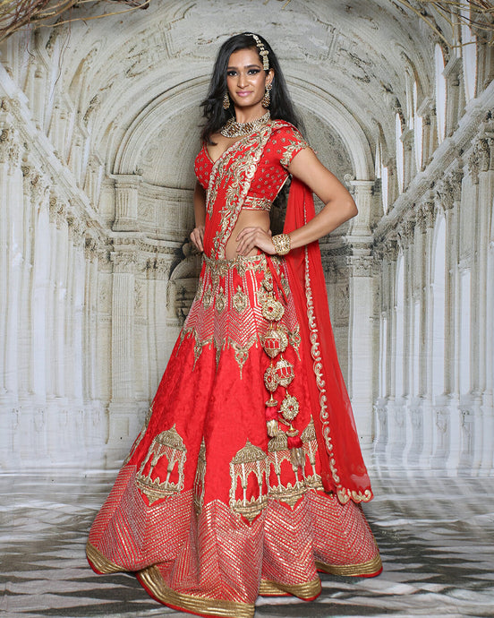 Red Jarokha Lehenga - Archana Kochhar India