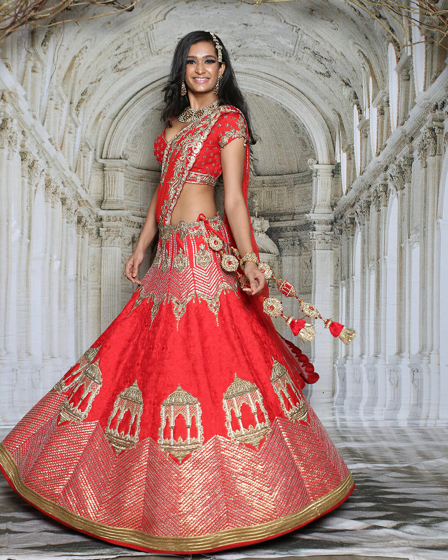 Red Jarokha Lehenga - Archana Kochhar India