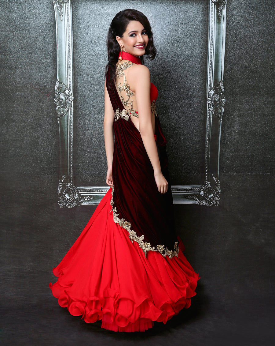 Maroon Ruffle Sari-Lehenga - Archana Kochhar India
