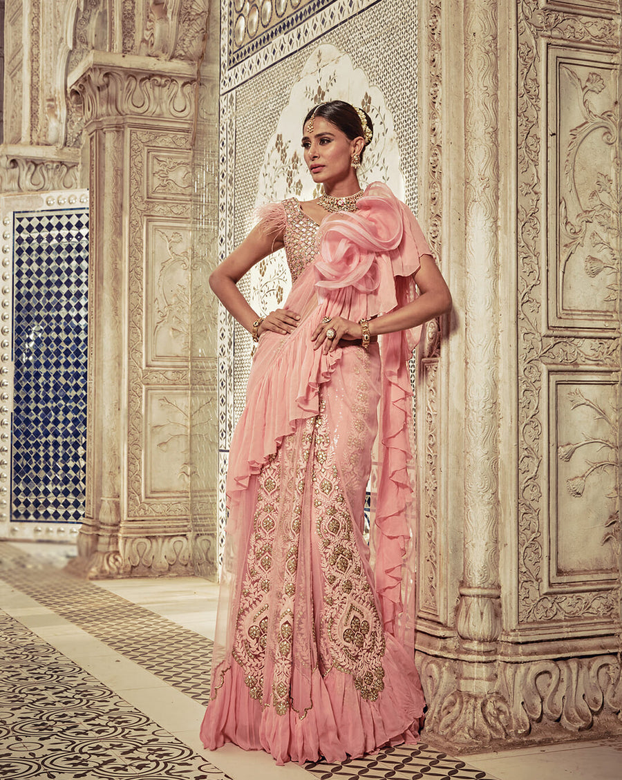 Powder Pink Ruffle Sari - Archana Kochhar India