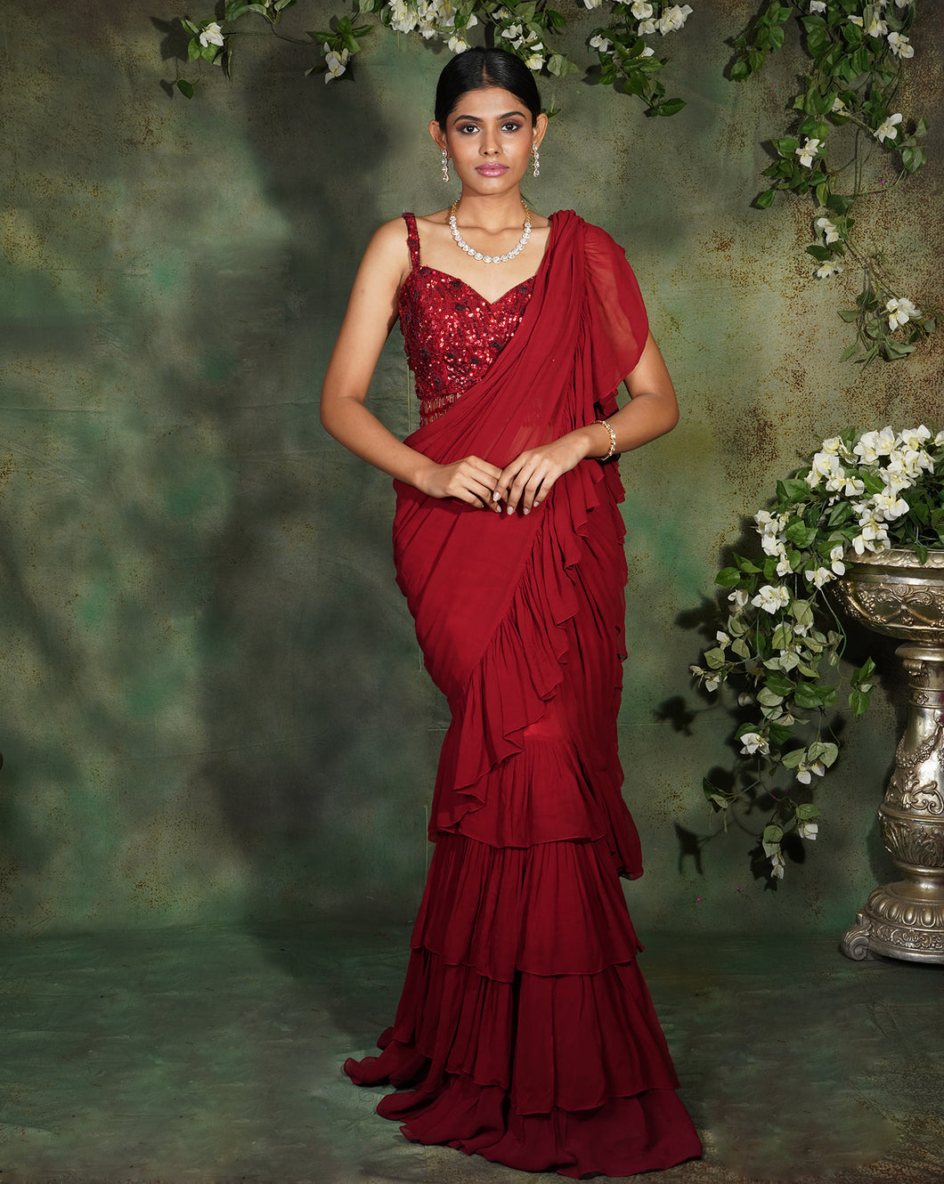 The Floral Maroon Ruffle Sari