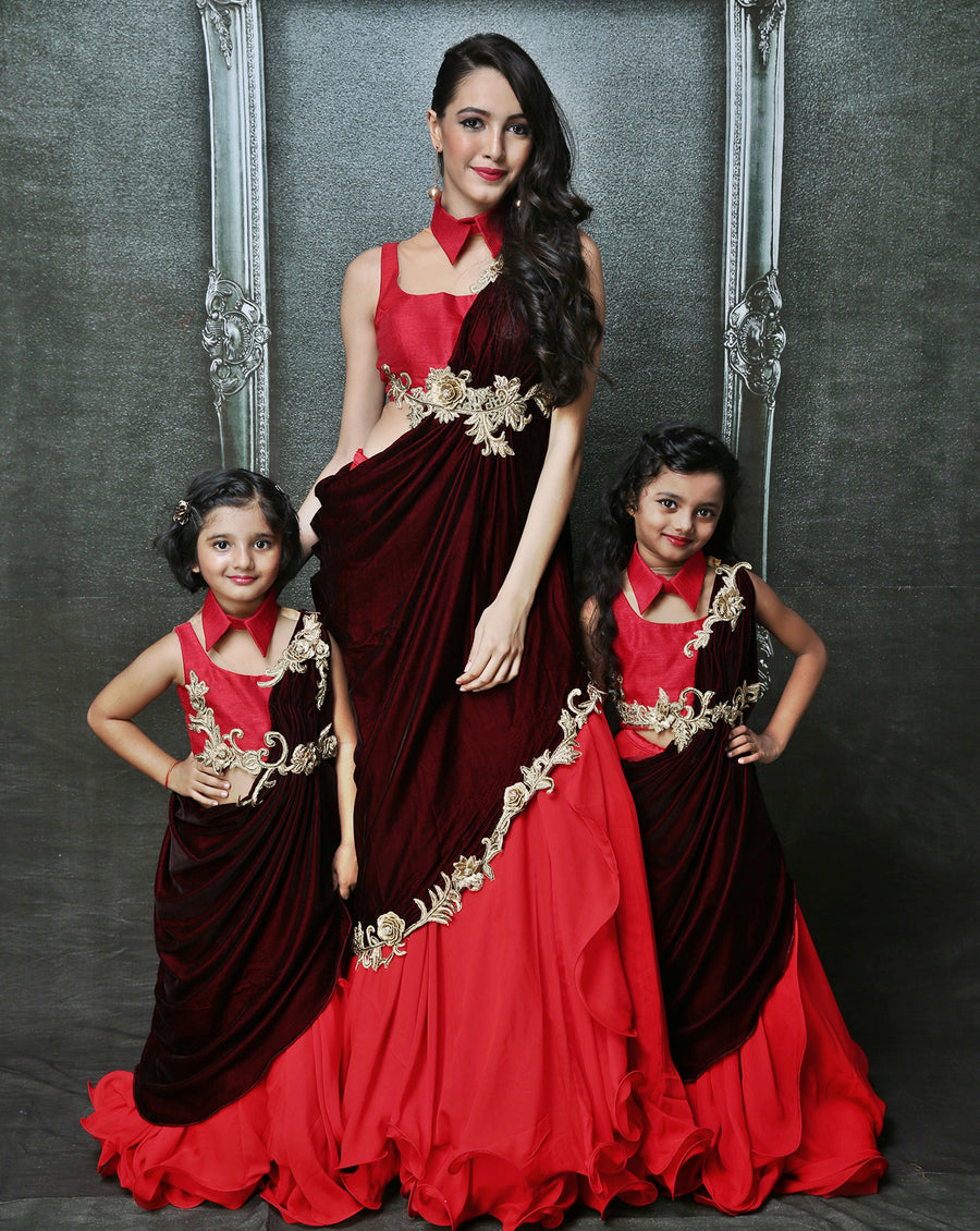 Maroon Ruffle Sari-Lehenga - Archana Kochhar India