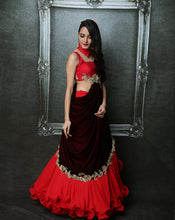 Load image into Gallery viewer, Maroon Ruffle Sari-Lehenga - Archana Kochhar India
