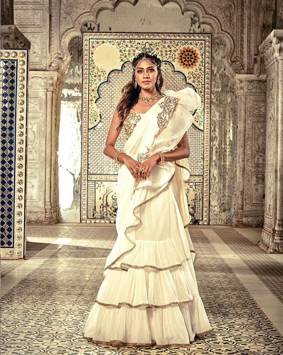 Ivory Ruffle Sari - Archana Kochhar India