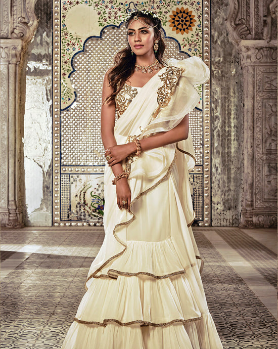 Ivory Ruffle Sari - Archana Kochhar India